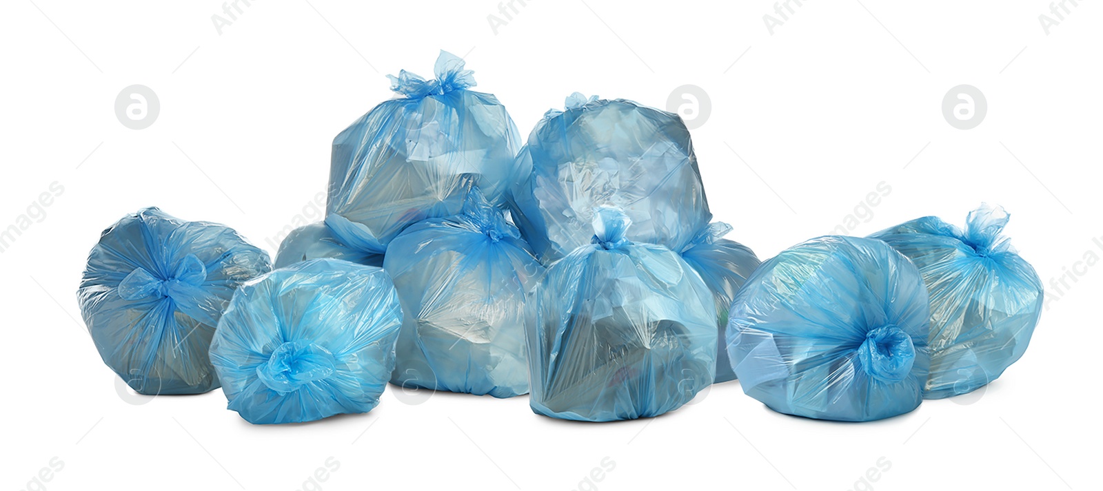 Image of Many trash bags filled with garbage on white background. Banner design
