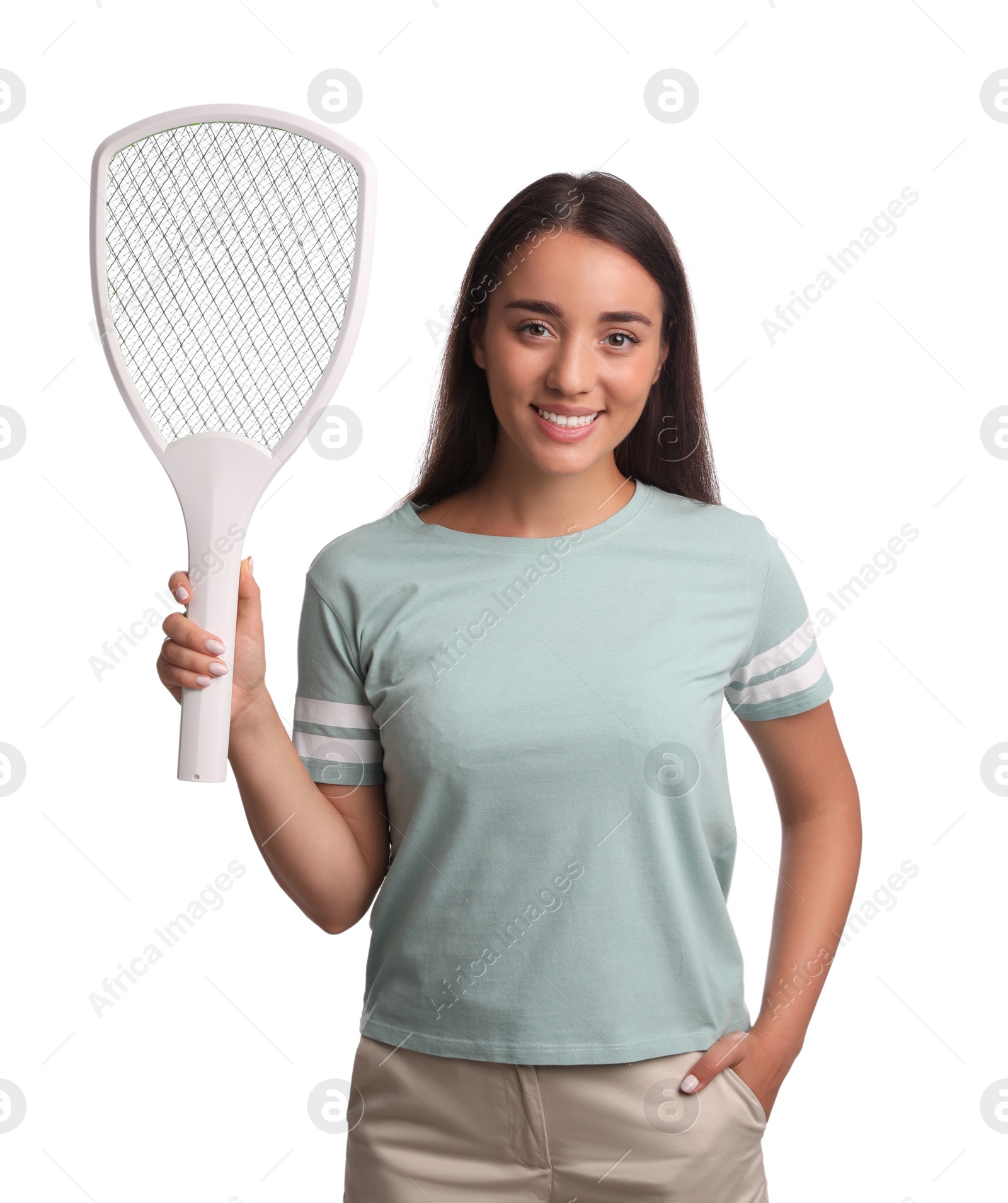 Photo of Young woman with electric fly swatter on white background. Insect killer