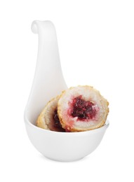 Photo of Spoon of delicious sesame balls with red bean paste on white background