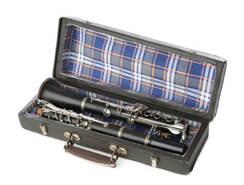 Photo of Clarinet in case isolated on white. Woodwind musical instrument