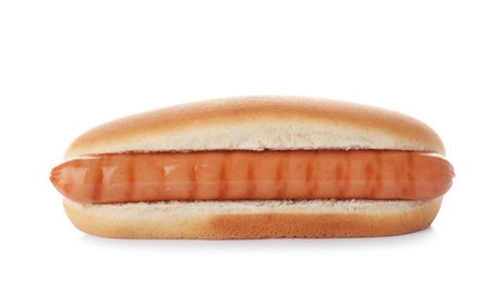 Photo of Fresh tasty hot dog on white background