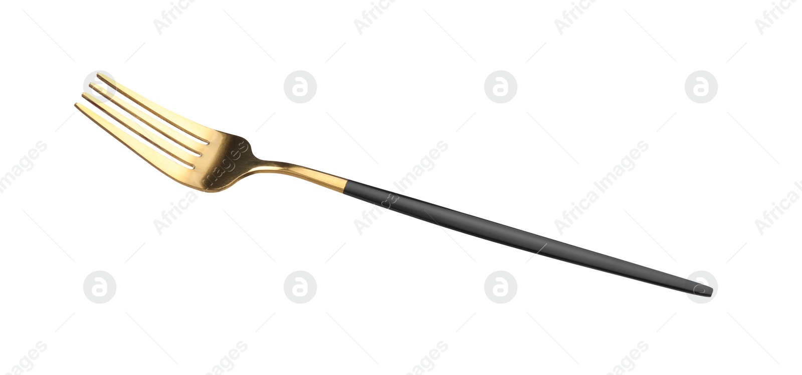 Photo of One shiny golden fork with black handle isolated on white