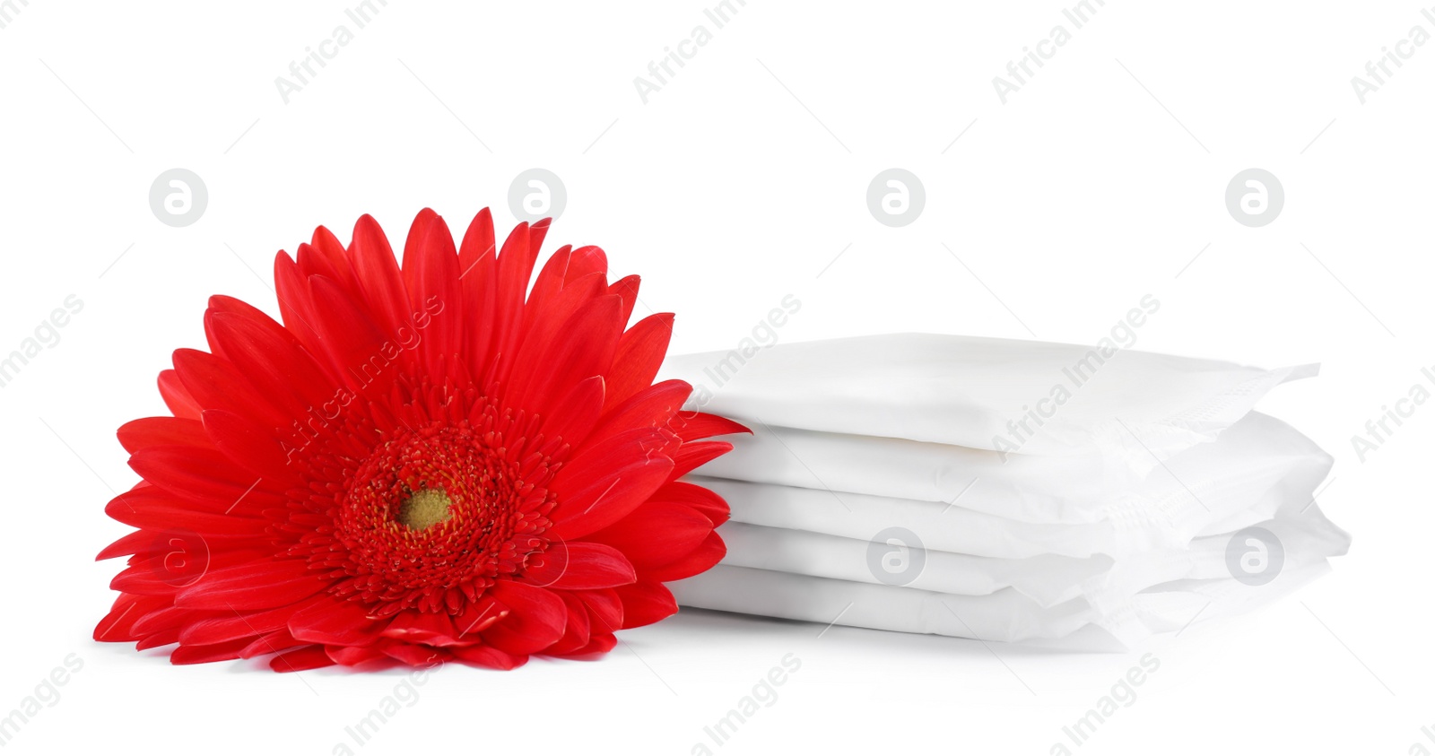 Photo of Stack of menstrual pads and gerbera flower on white background. Gynecological care