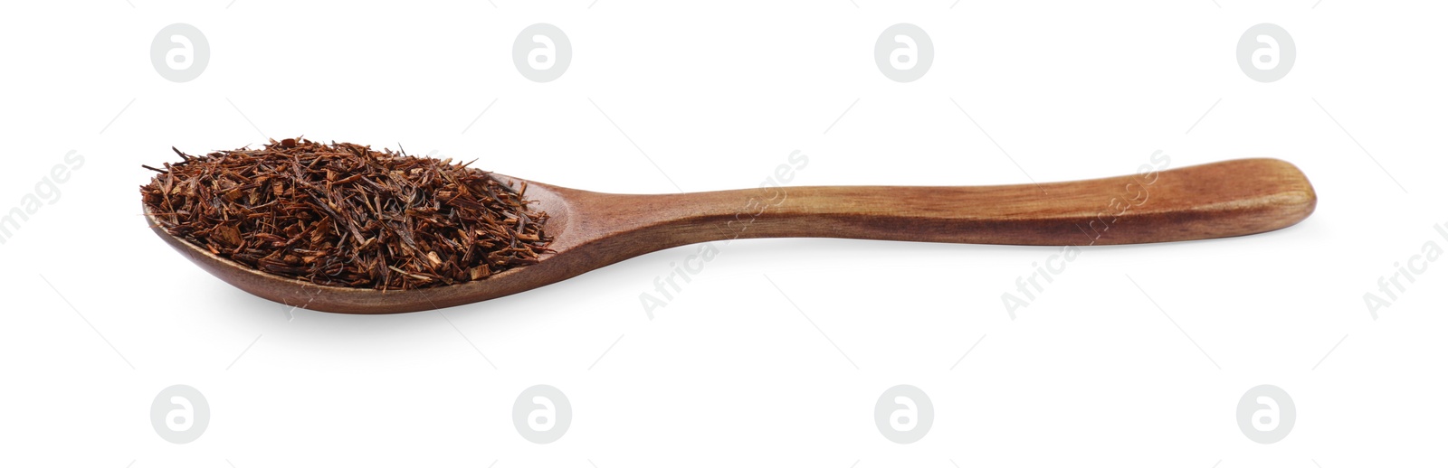 Photo of Rooibos tea in spoon isolated on white