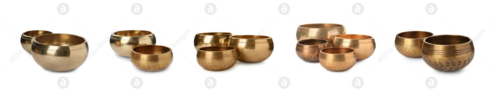 Image of Set with Tibetan singing bowls on white background. Banner design