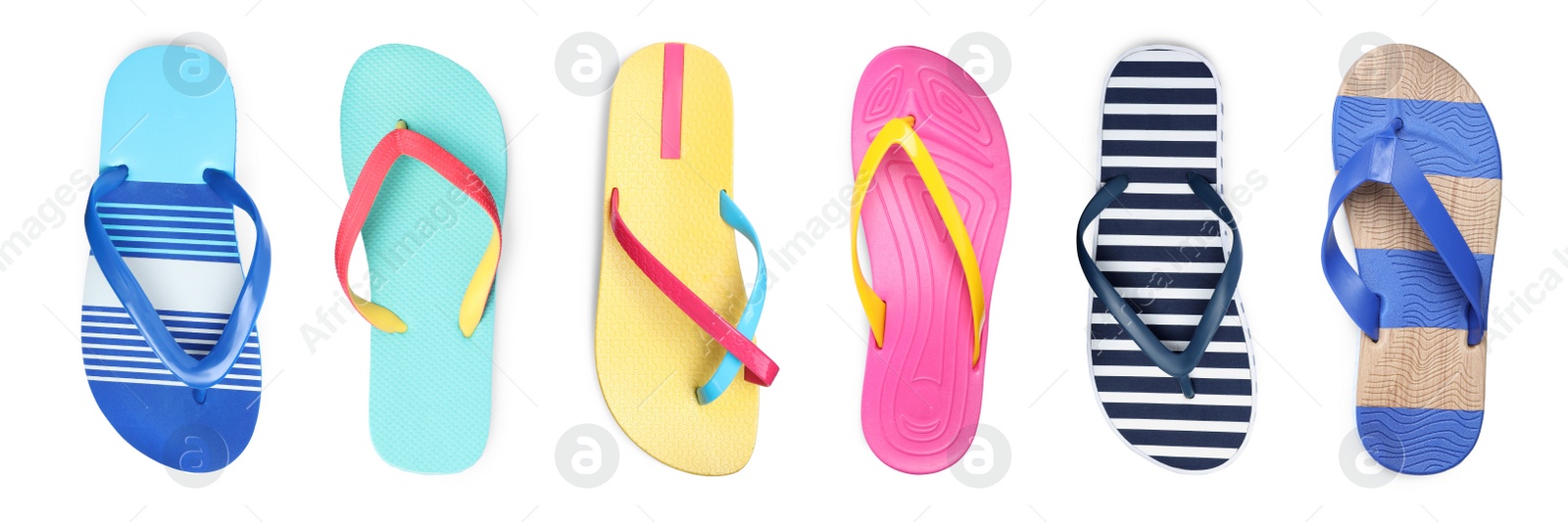 Image of Set with different colorful flip flops on white background, top view. Banner design