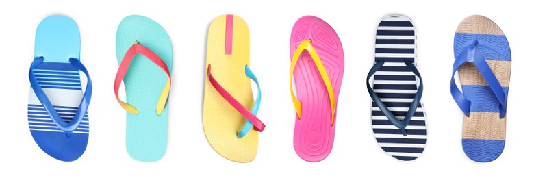 Image of Set with different colorful flip flops on white background, top view. Banner design