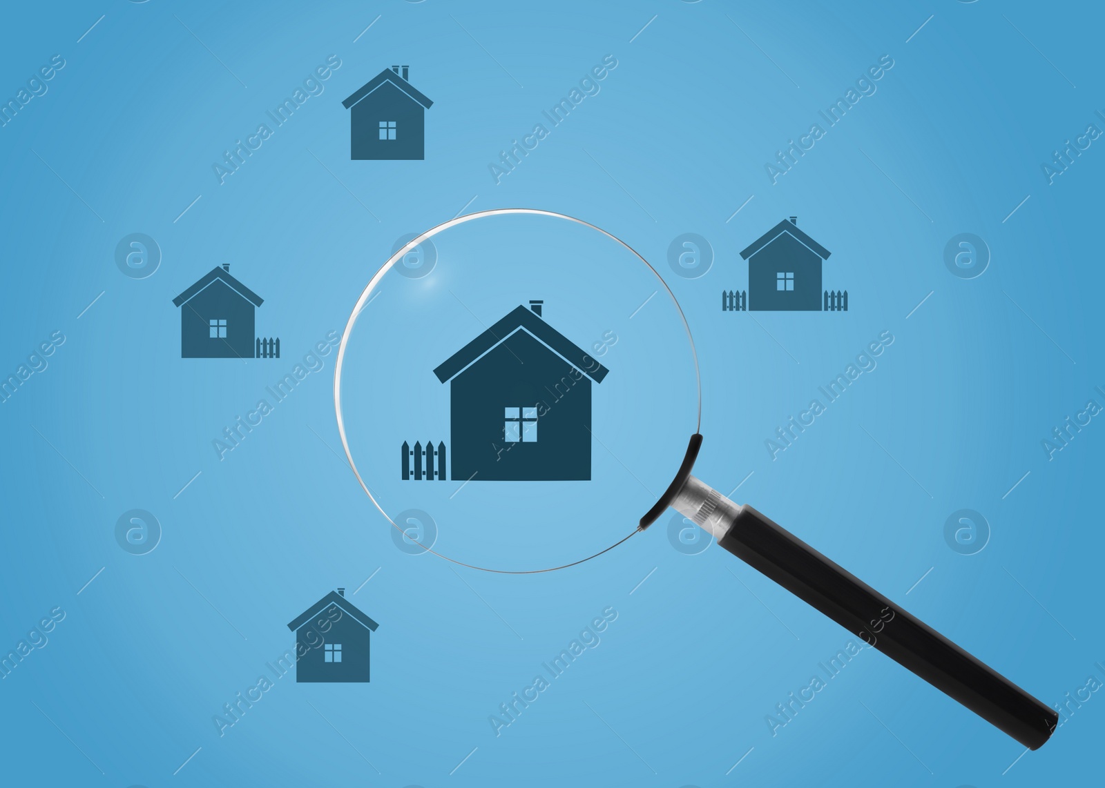 Image of Illustrations of different houses on light blue background, view through magnifying glass