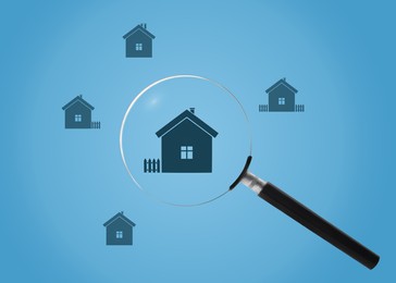 Image of Illustrations of different houses on light blue background, view through magnifying glass