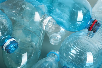 Many plastic bottles as background, closeup. Recycle concept