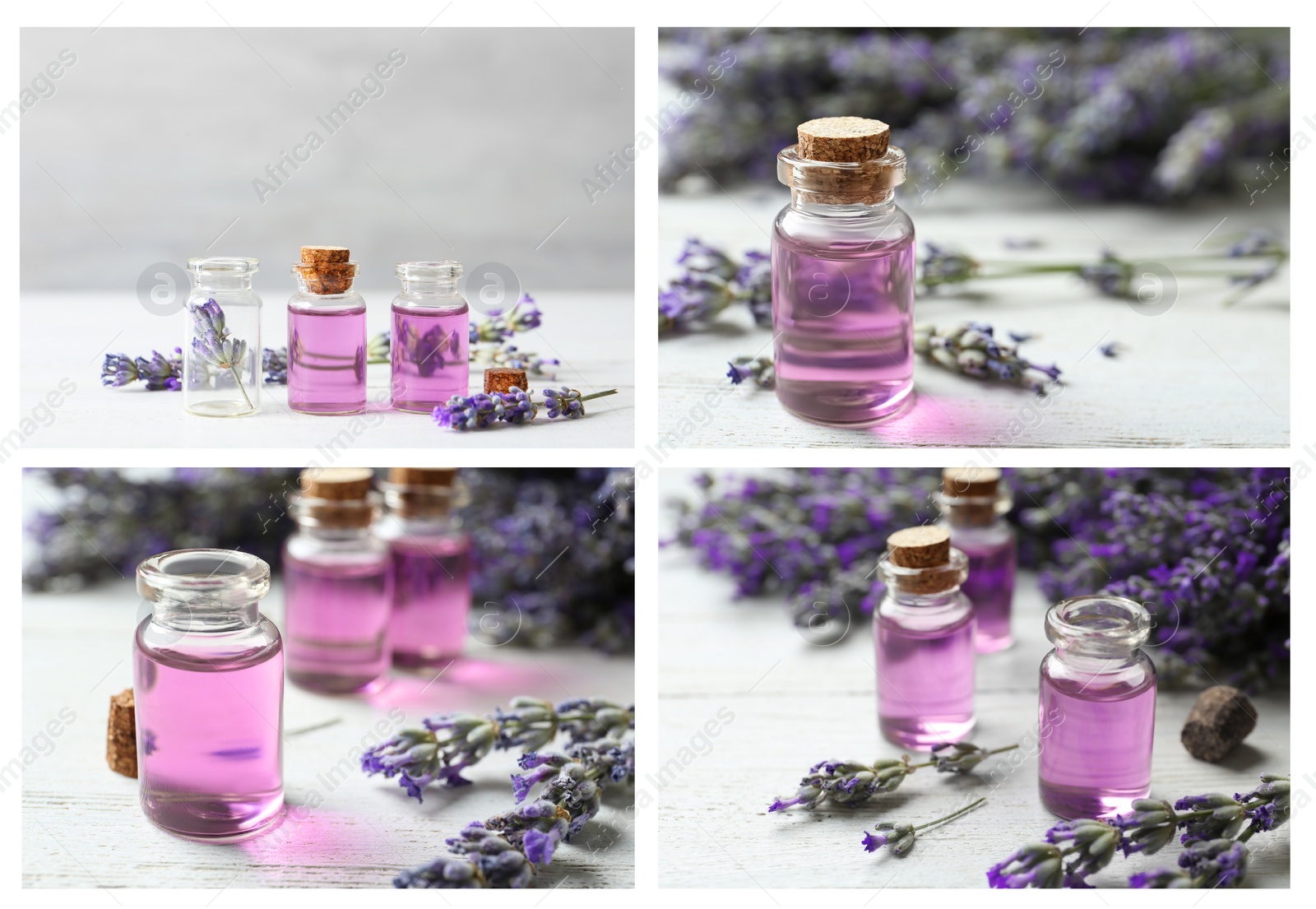 Image of Collage of different photos with essential oils and lavender flowers