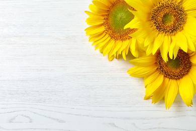 Yellow sunflowers on wooden background, top view