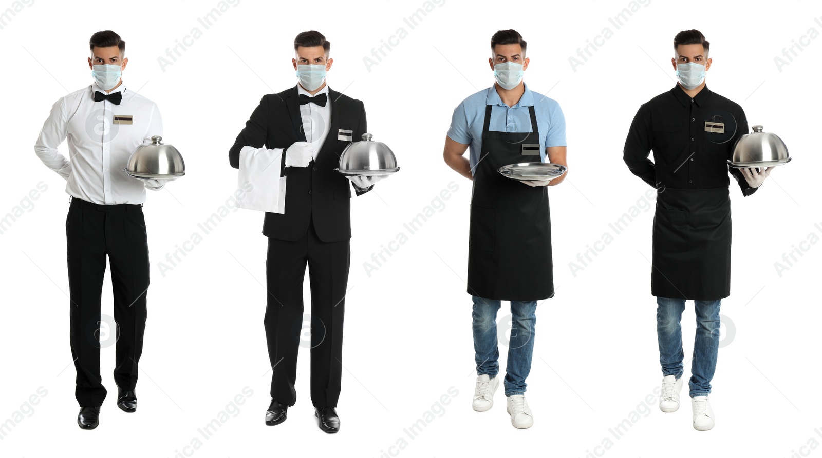 Image of Collage with photos of waiter wearing medical mask on white background. Protective measures during coronavirus outbreak, banner design