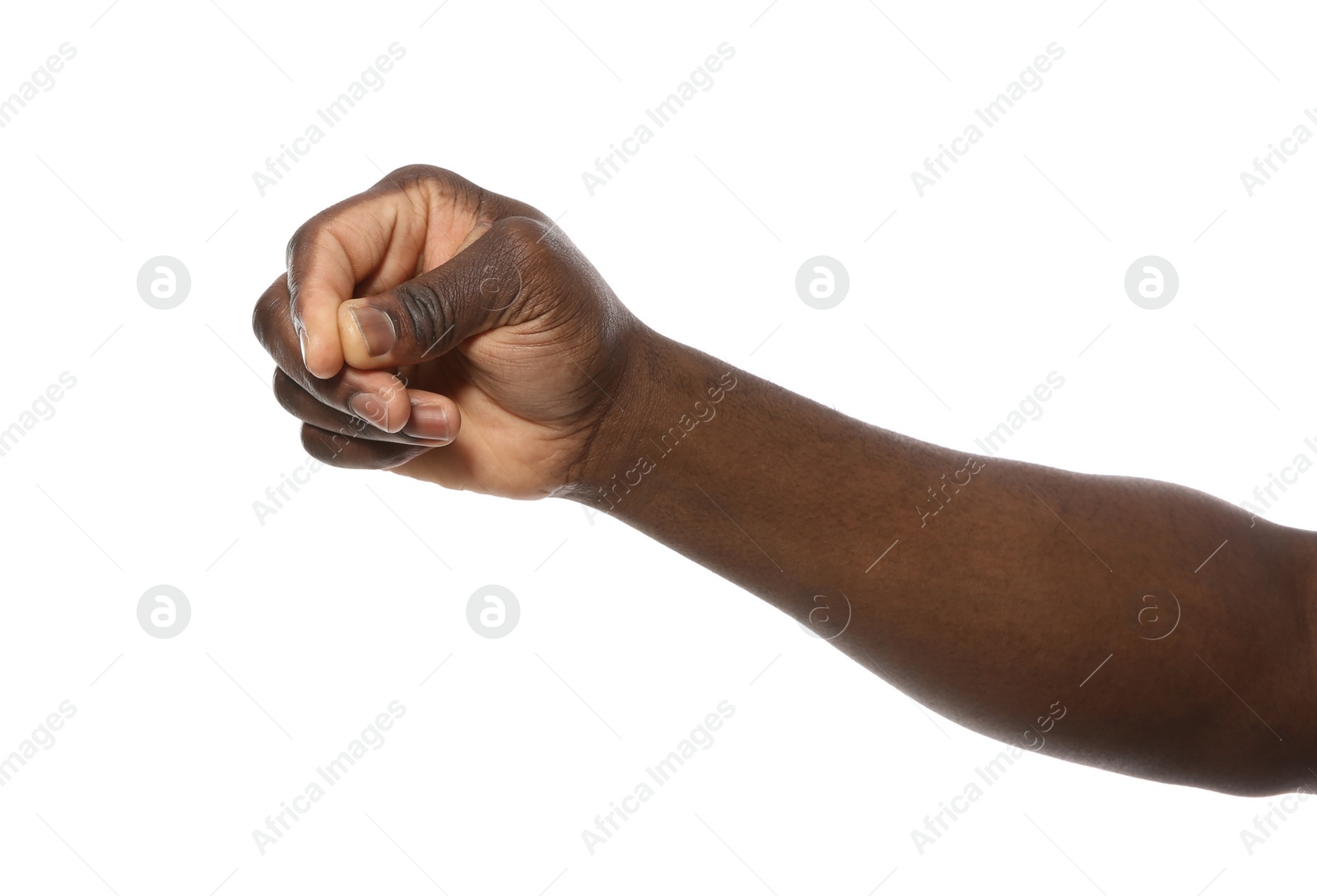 Photo of African-American man holding something in hand on white background, closeup