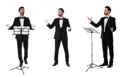 Image of Collage with photos of professional conductor with baton on white background