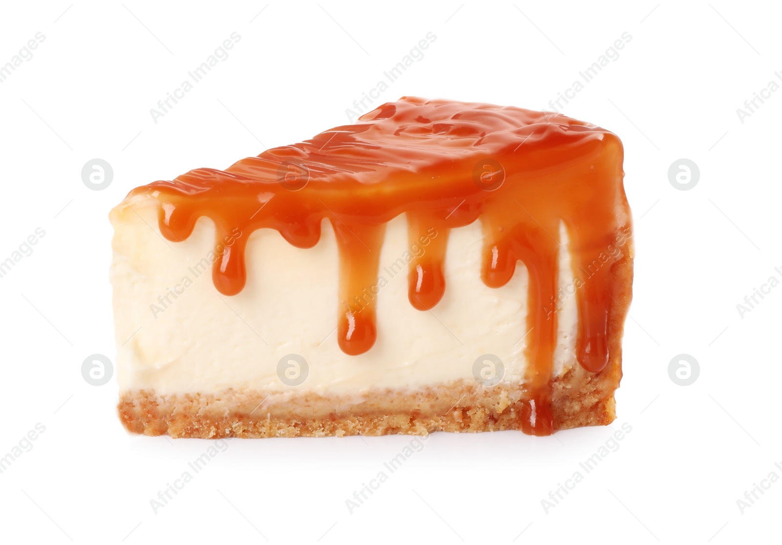 Photo of Piece of delicious cake with caramel isolated on white