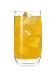 Photo of Glass of refreshing soda water with ice cubes isolated on white