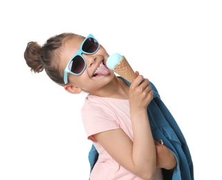 Adorable little girl with delicious ice cream on white background