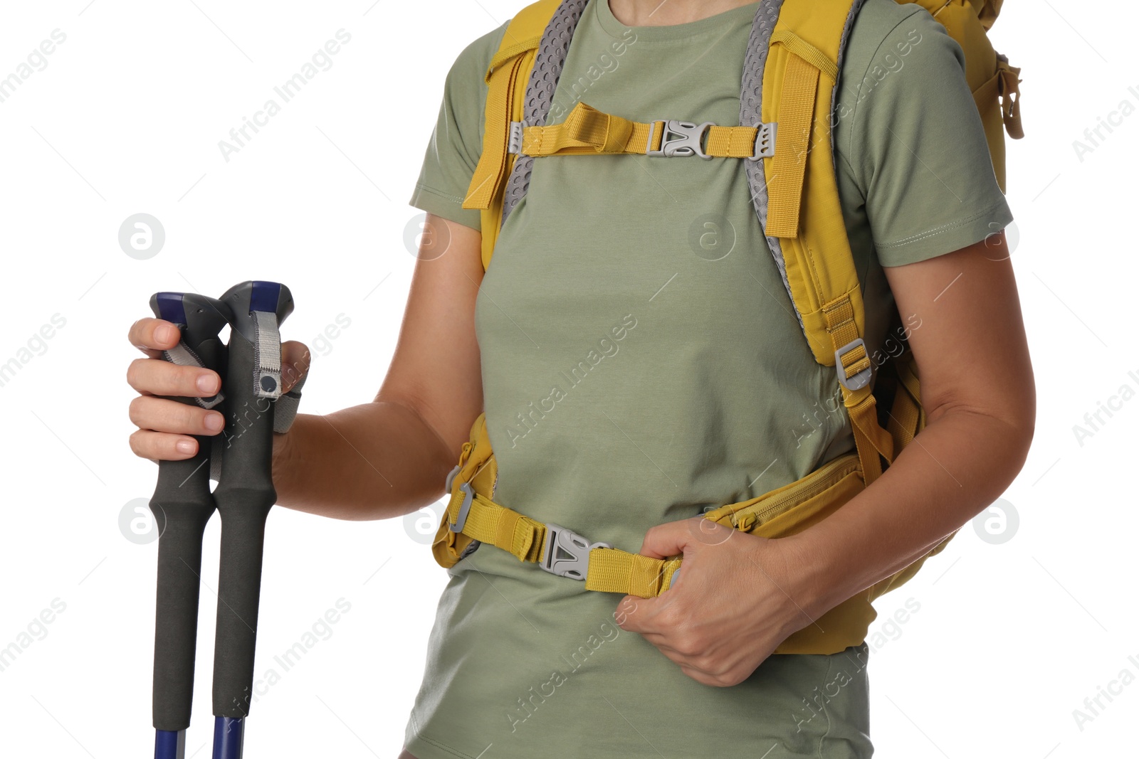 Photo of Female hiker with backpack and trekking poles on white background, closeup