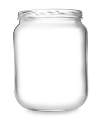 Photo of Open empty glass jar isolated on white