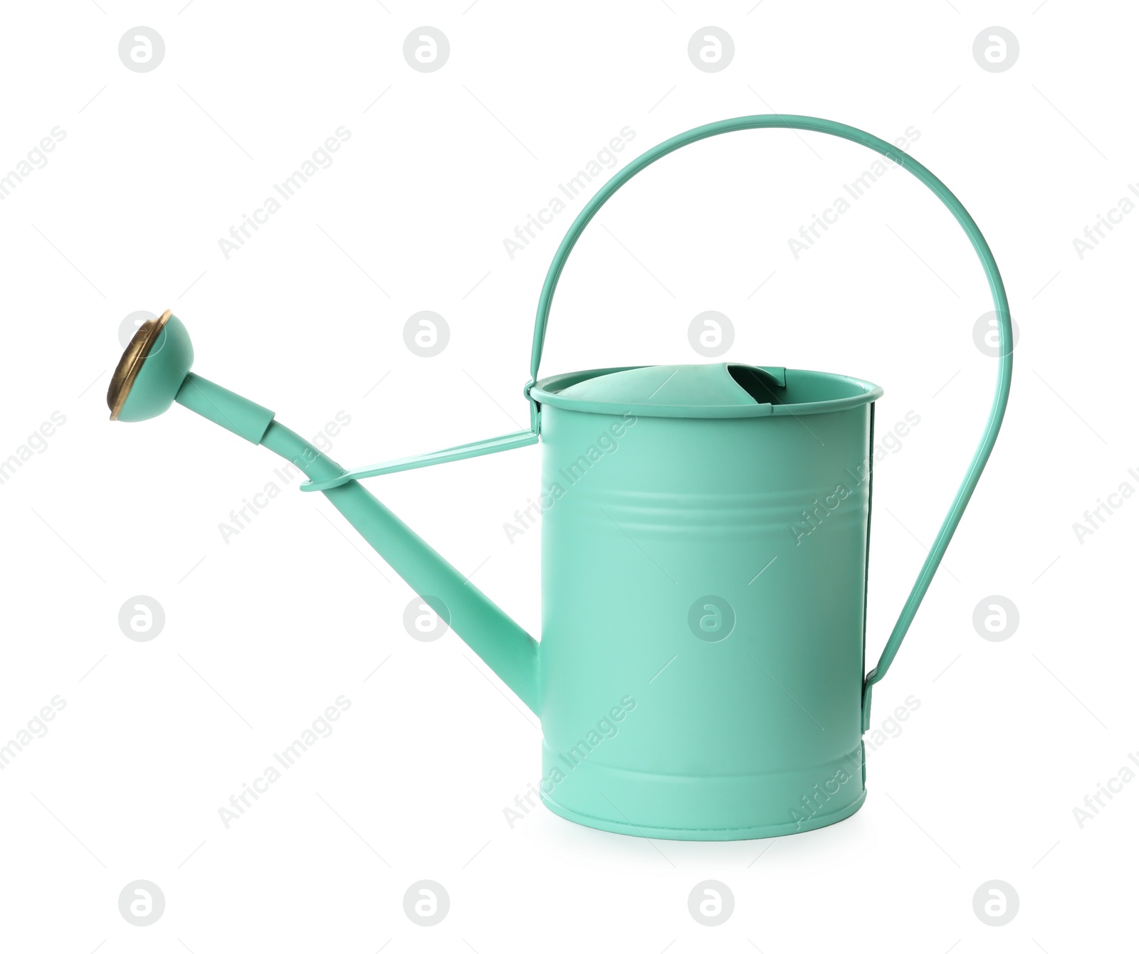 Photo of Turquoise metal watering can isolated on white