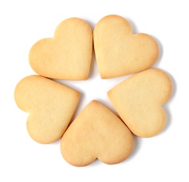 Photo of Homemade heart shaped cookies on white background, top view