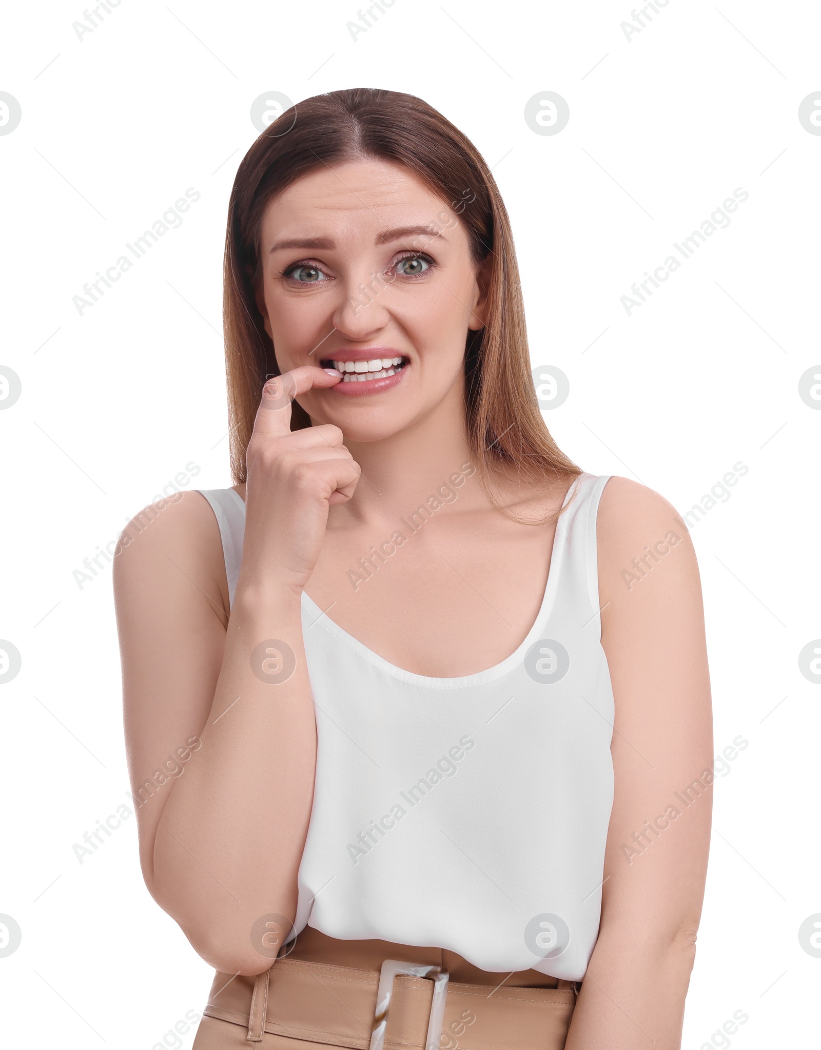 Photo of Beautiful emotional businesswoman posing on white background