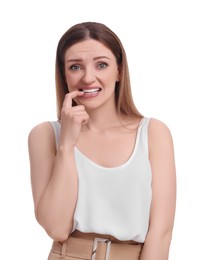 Beautiful emotional businesswoman posing on white background