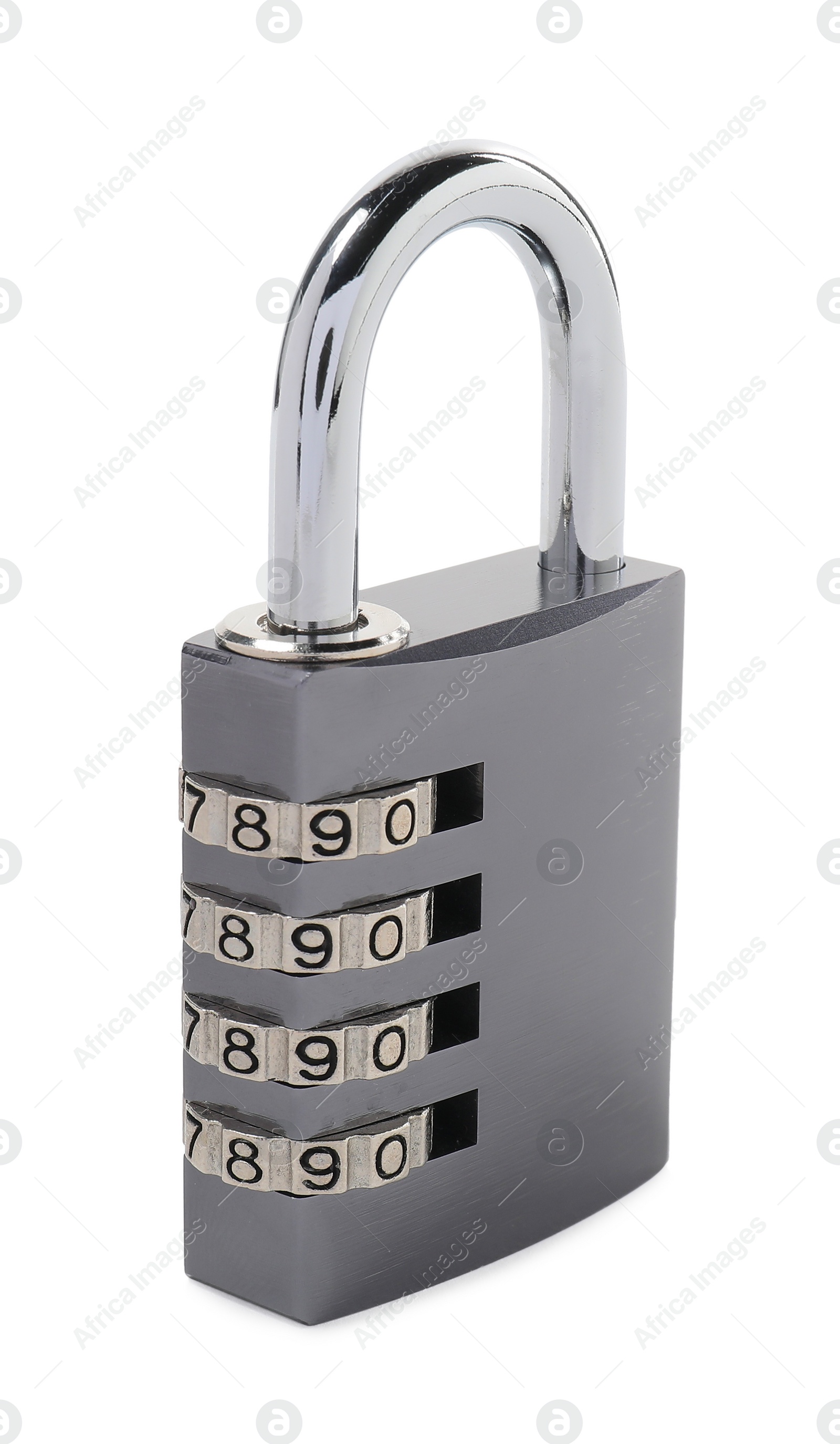 Photo of Locked steel combination padlock isolated on white