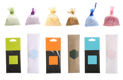Image of Set of scented sachets with different aromas on white background 