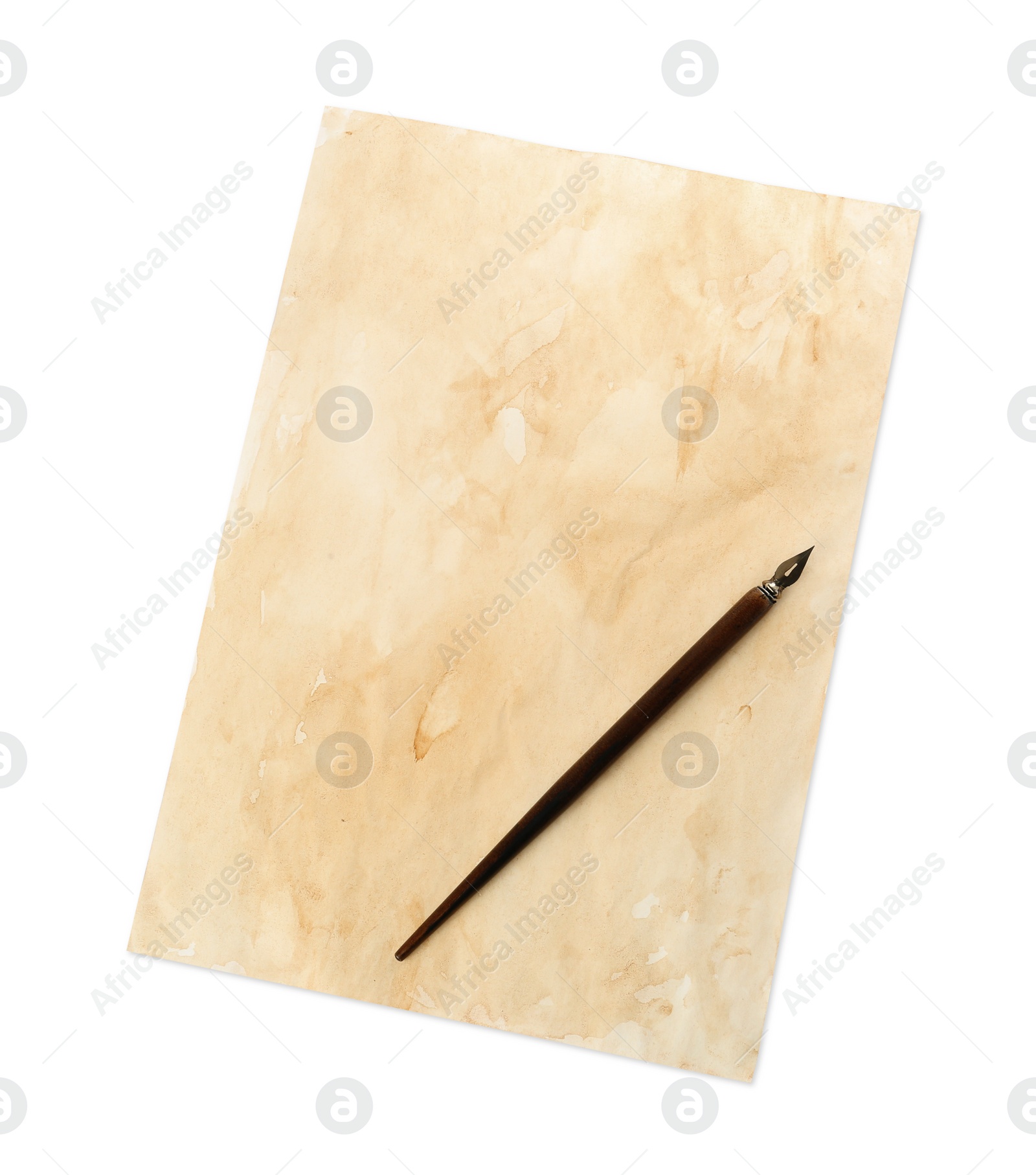 Photo of Parchment and fountain pen on white background, top view
