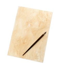 Photo of Parchment and fountain pen on white background, top view