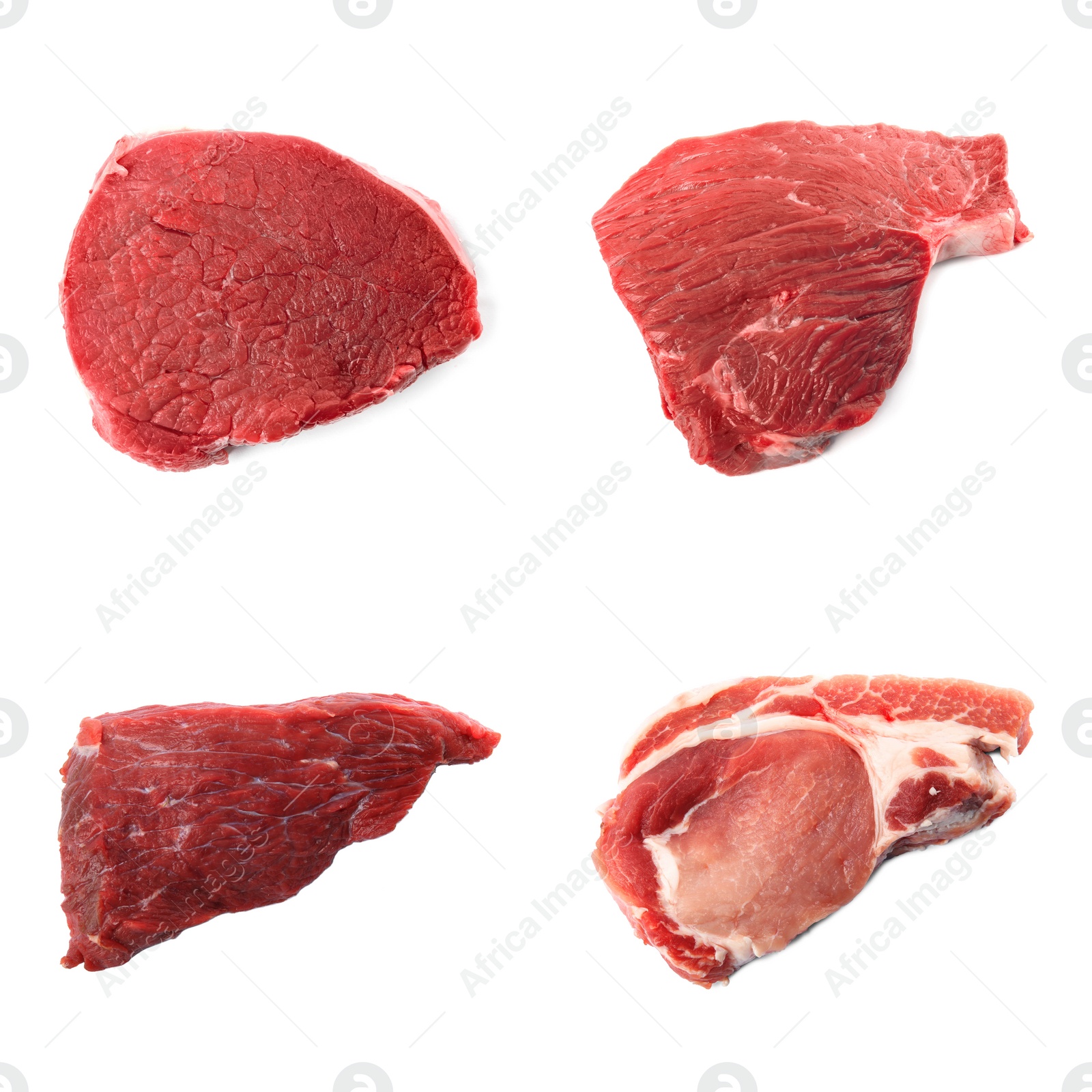 Image of Set with raw meat on white background, top view 