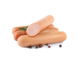 Photo of Tasty sausages on white background. Meat product