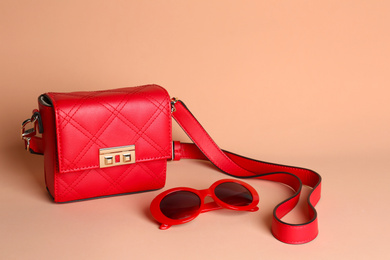 Photo of Stylish woman's bag and sunglasses on pale pink background