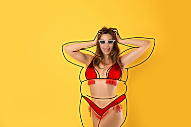 Image of Beautiful slim woman after weight loss on yellow background 