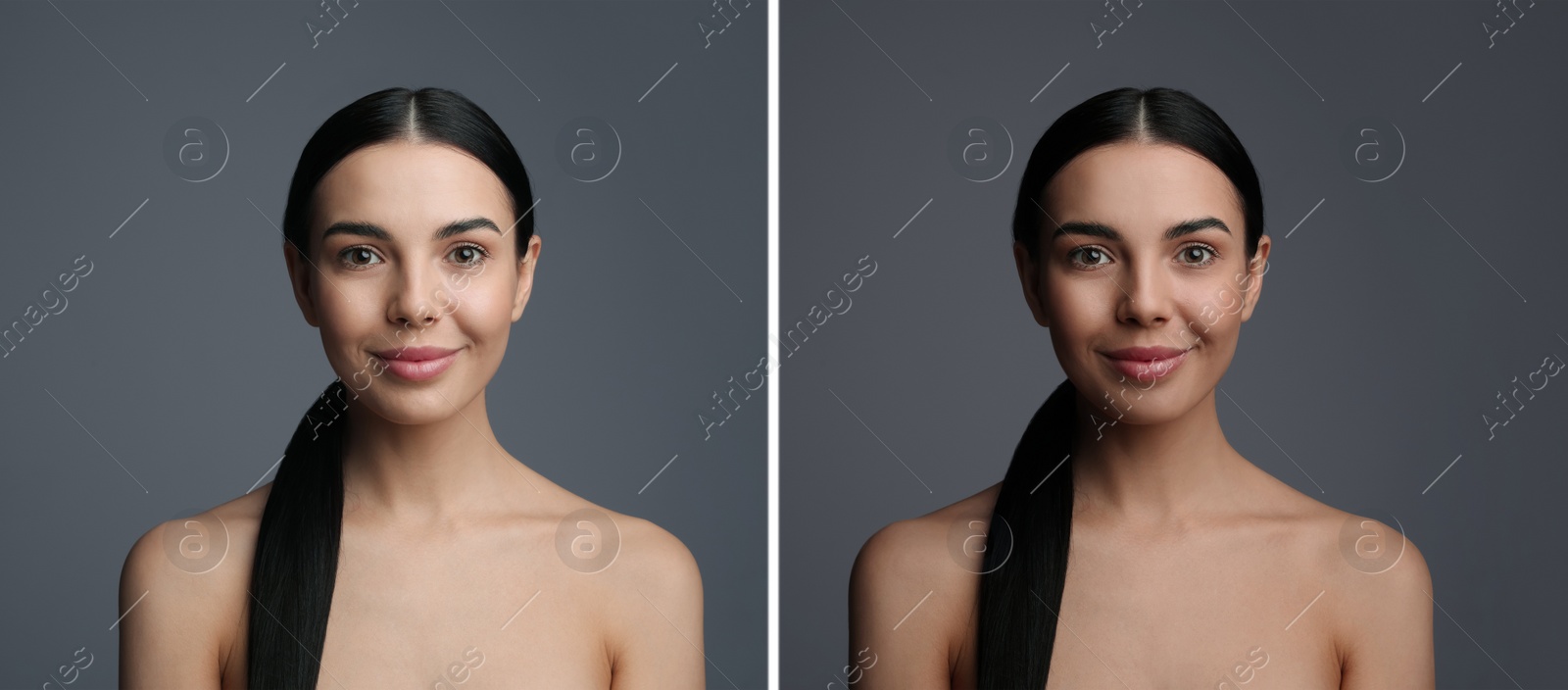 Image of Collage with photos of beautiful young woman before and after indoor tanning on grey background. Banner design