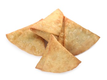 Photo of Fresh delicious crispy samosas on white background, top view
