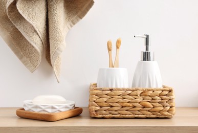 Photo of Different bath accessories and personal care products indoors
