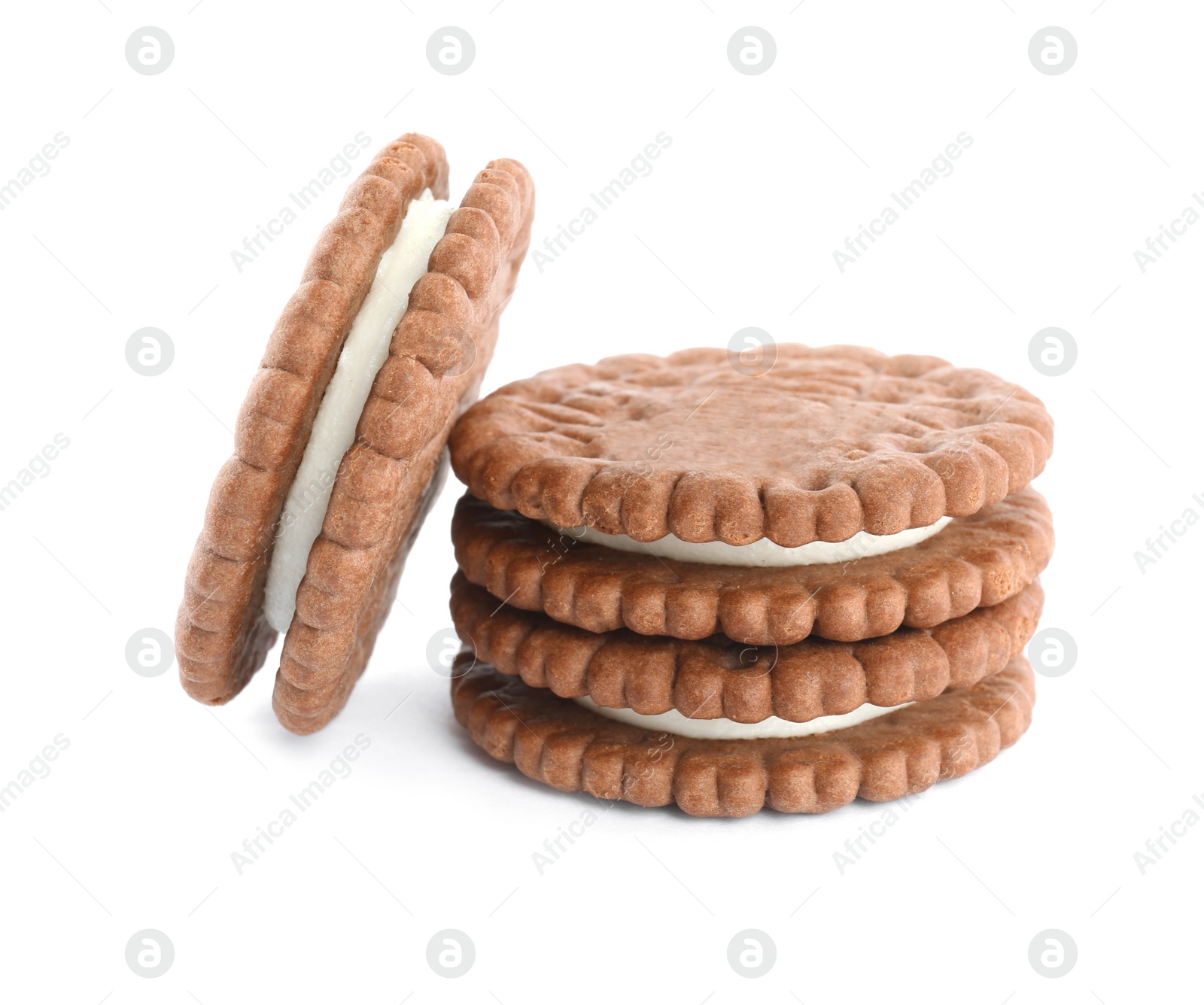 Photo of Tasty chocolate sandwich cookies on white background