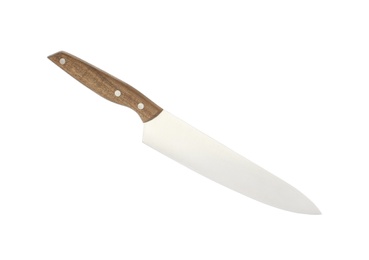 Photo of Sharp chef's knife with wooden handle on white background