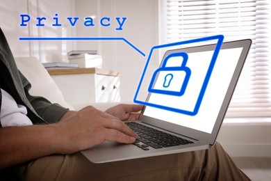 Image of Virtual screen with padlock and word Privacy. Man with laptop indoors, closeup