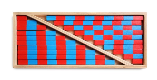 Photo of Wooden box with red and blue numerical sticks isolated on white, top view. Montessori math toy