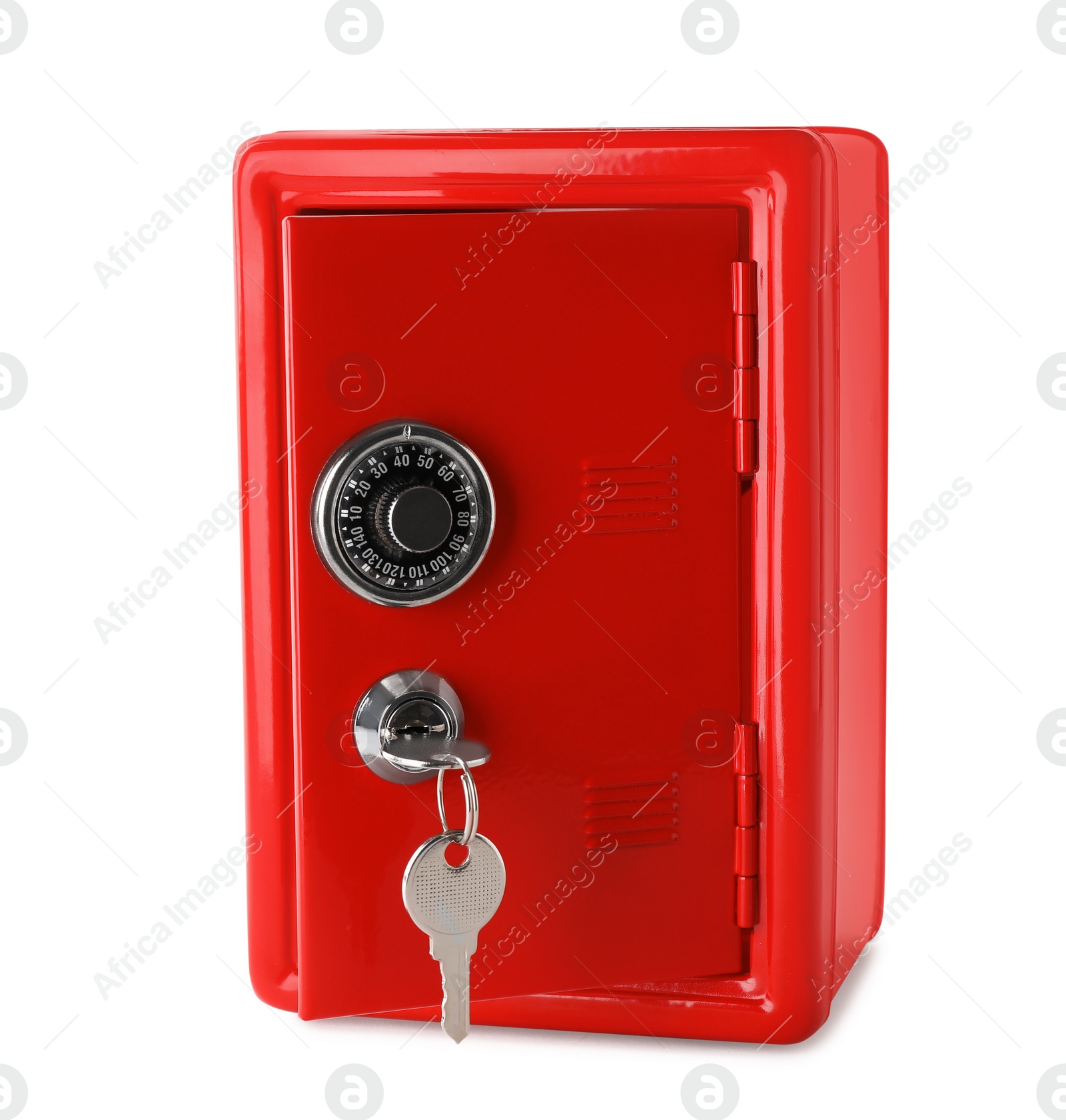 Photo of Open red steel with keys safe isolated on white