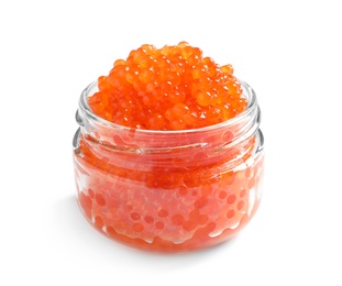 Photo of Jar with delicious red caviar on white background