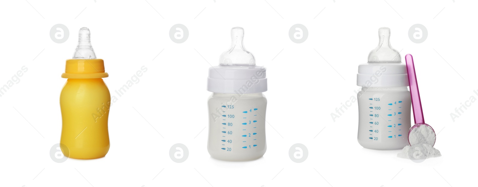 Image of Feeding bottles with infant formula on white background, collage. Baby milk