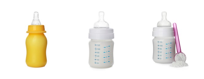 Image of Feeding bottles with infant formula on white background, collage. Baby milk