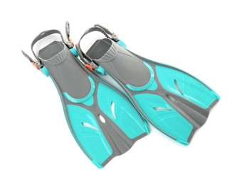 Photo of Pair of turquoise flippers on white background, top view