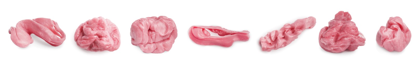 Image of Set with used chewing gums on white background. Banner design