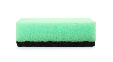 Photo of Green cleaning sponge with abrasive black scourer isolated on white
